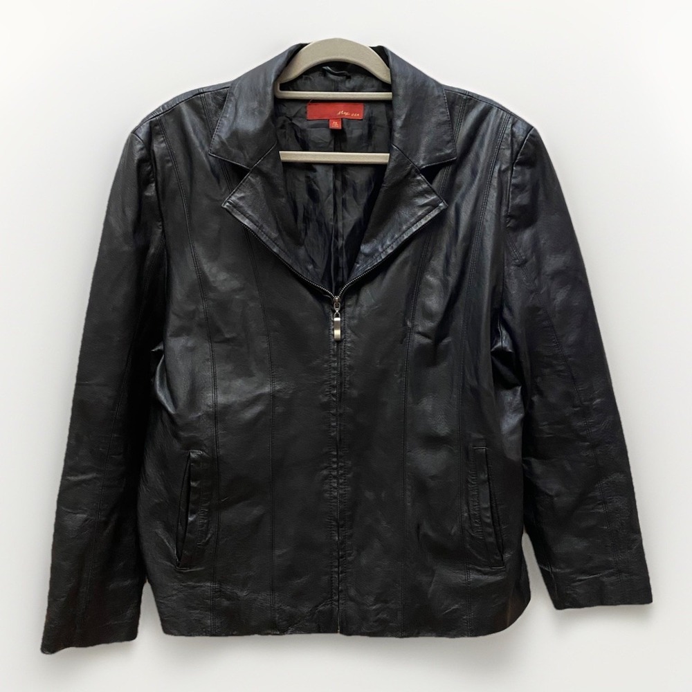 Vtg Max USA Womens Black Genuine Leather Jacket 2X Label 44" Moto‎ Biker